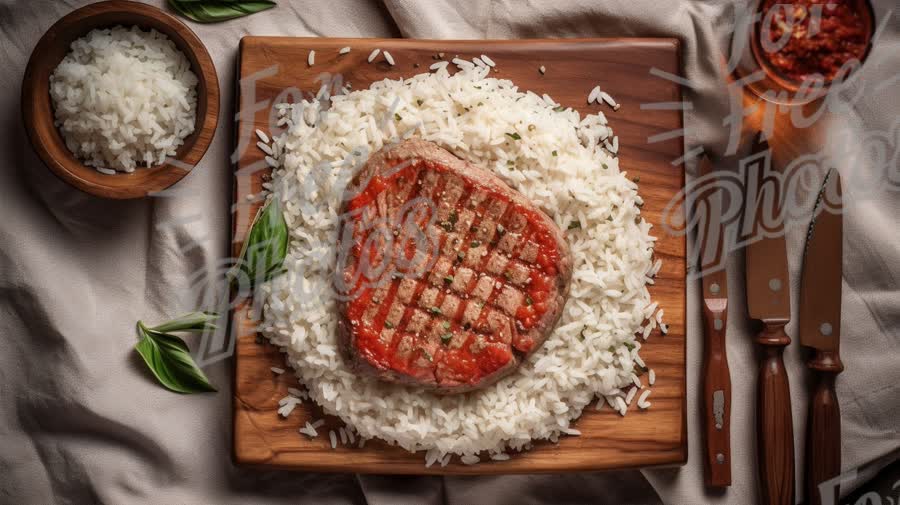 Delicious Grilled Steak on a Bed of Fluffy White Rice with Fresh Herbs