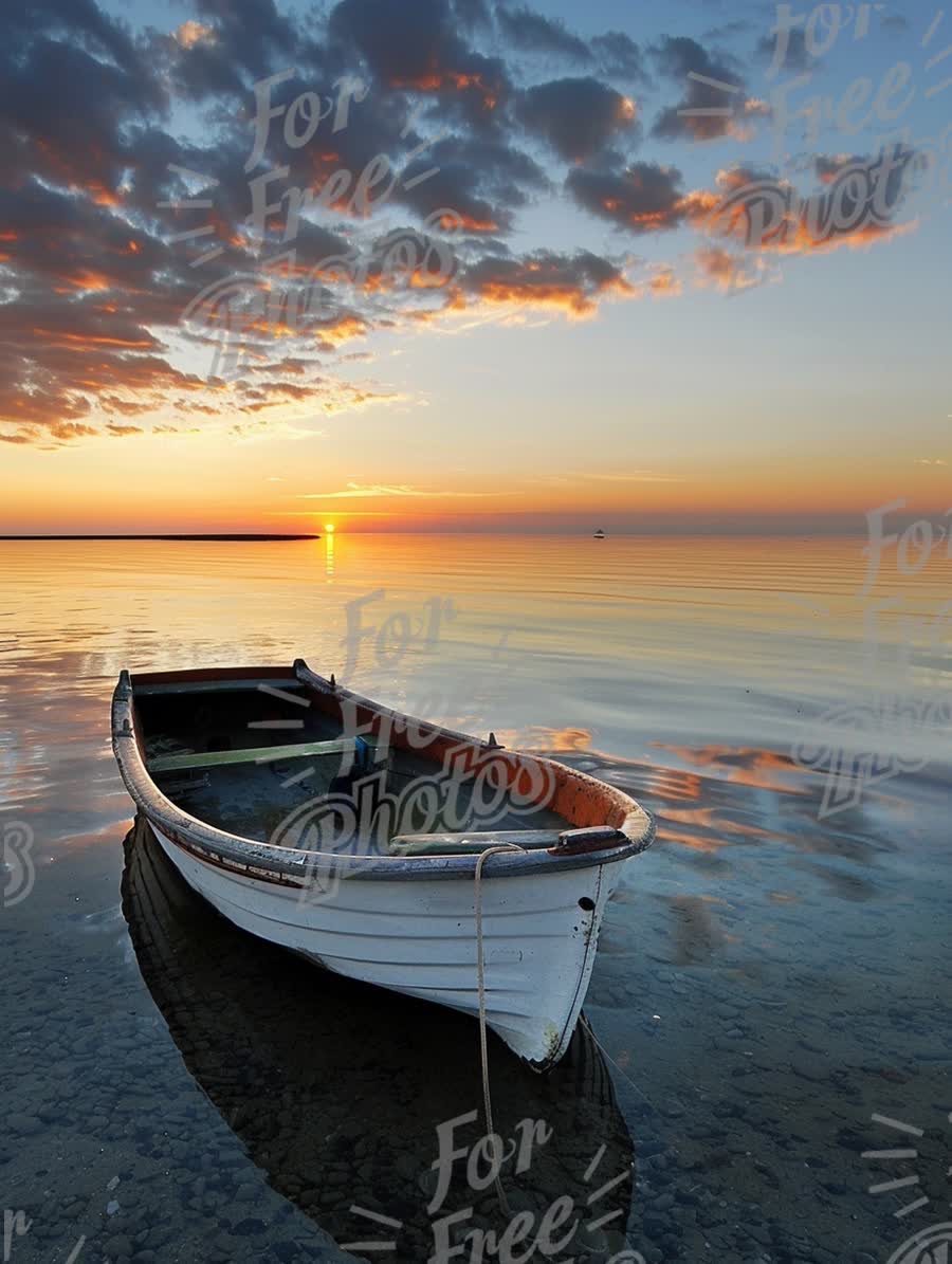 Tranquil Sunset Over Calm Waters with Rowboat Reflection