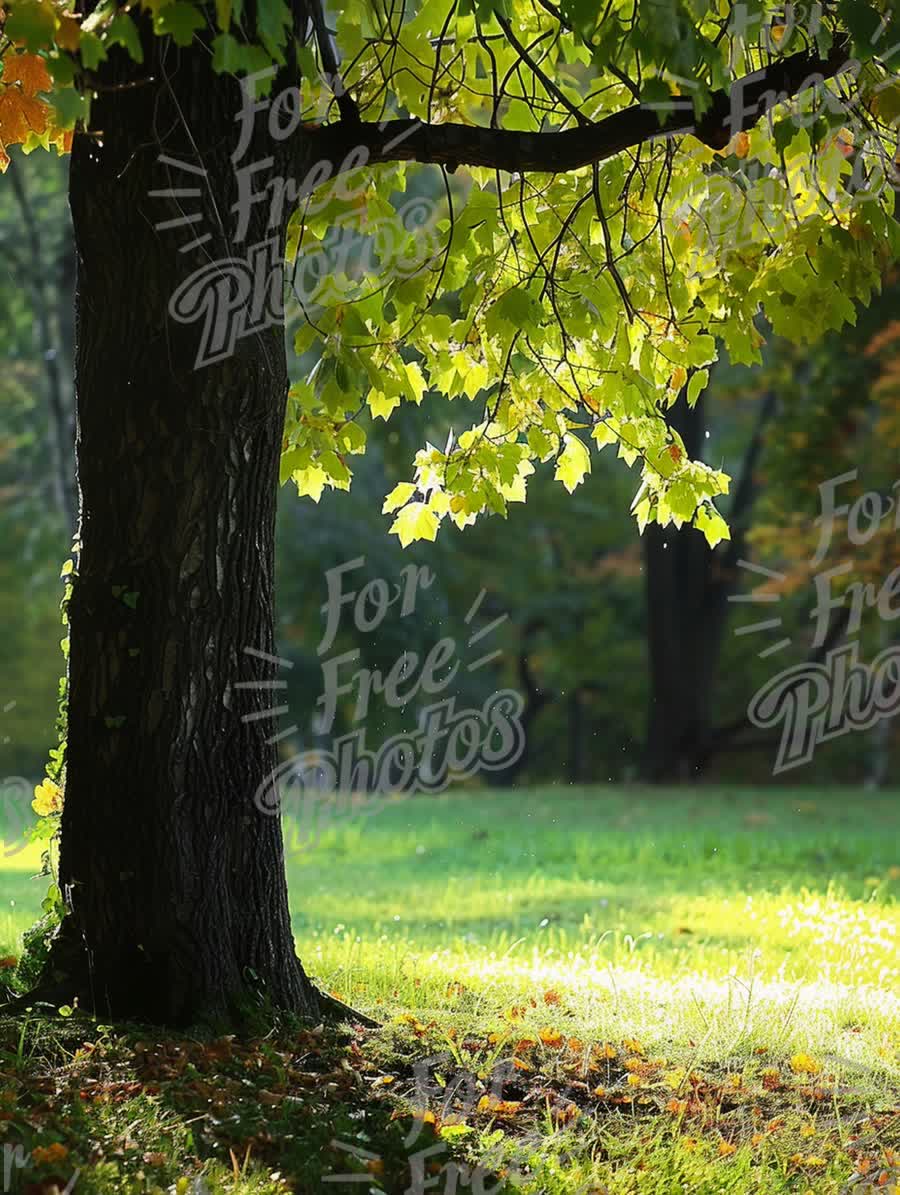 Serene Autumn Landscape with Sunlit Maple Tree and Vibrant Leaves