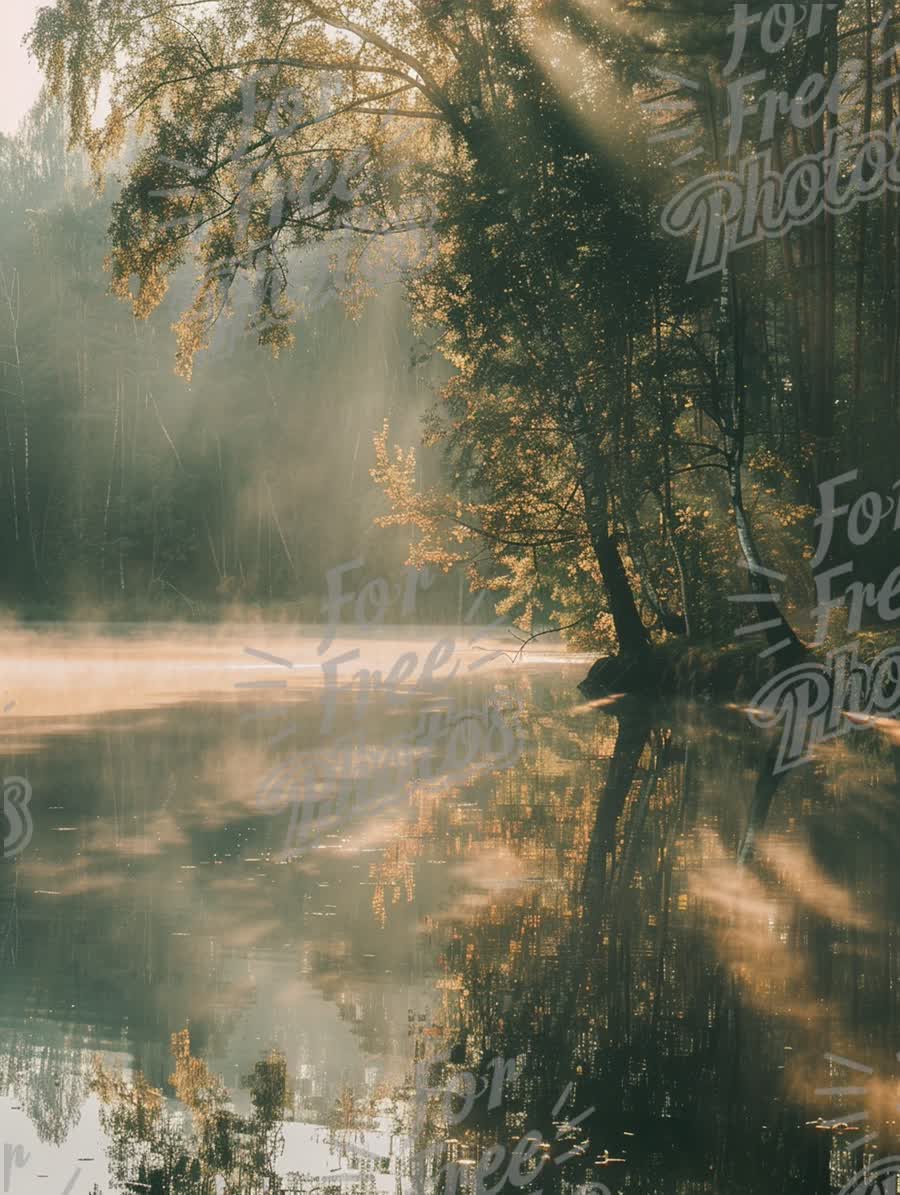 Serene Misty Lake at Sunrise with Reflections and Sunbeams