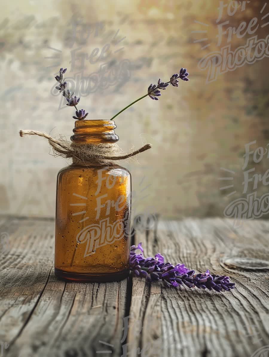 Rustic Lavender Essence: Vintage Amber Bottle with Fresh Lavender Stems