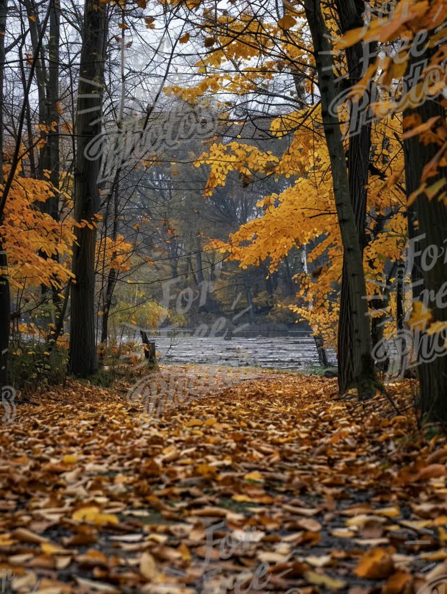 Autumn Serenity: Tranquil Pathway Through Golden Leaves by the Water