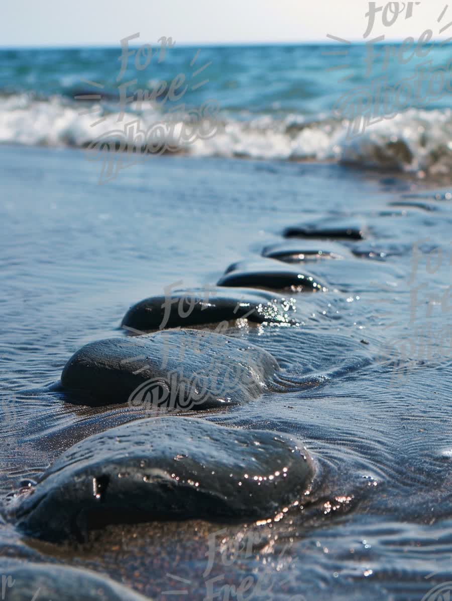 Tranquil Beach Scene with Smooth Stones and Gentle Waves