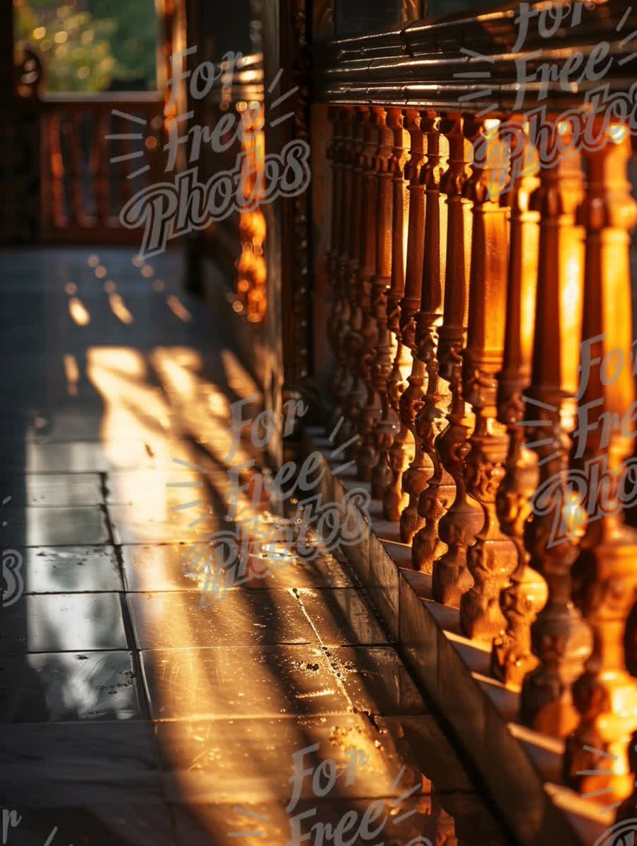 Golden Hour Reflections: Elegant Wooden Balustrade and Sunlit Floor