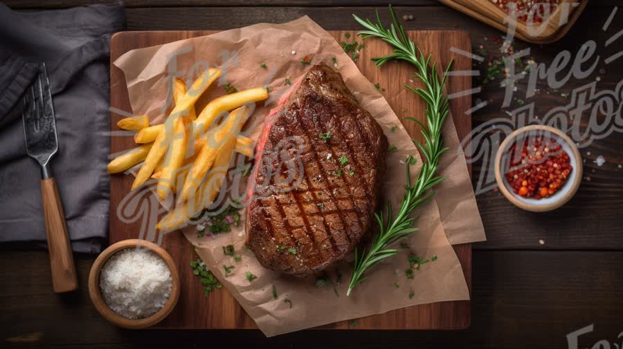 Delicious Grilled Steak with Crispy Fries and Fresh Herbs on Rustic Wooden Table