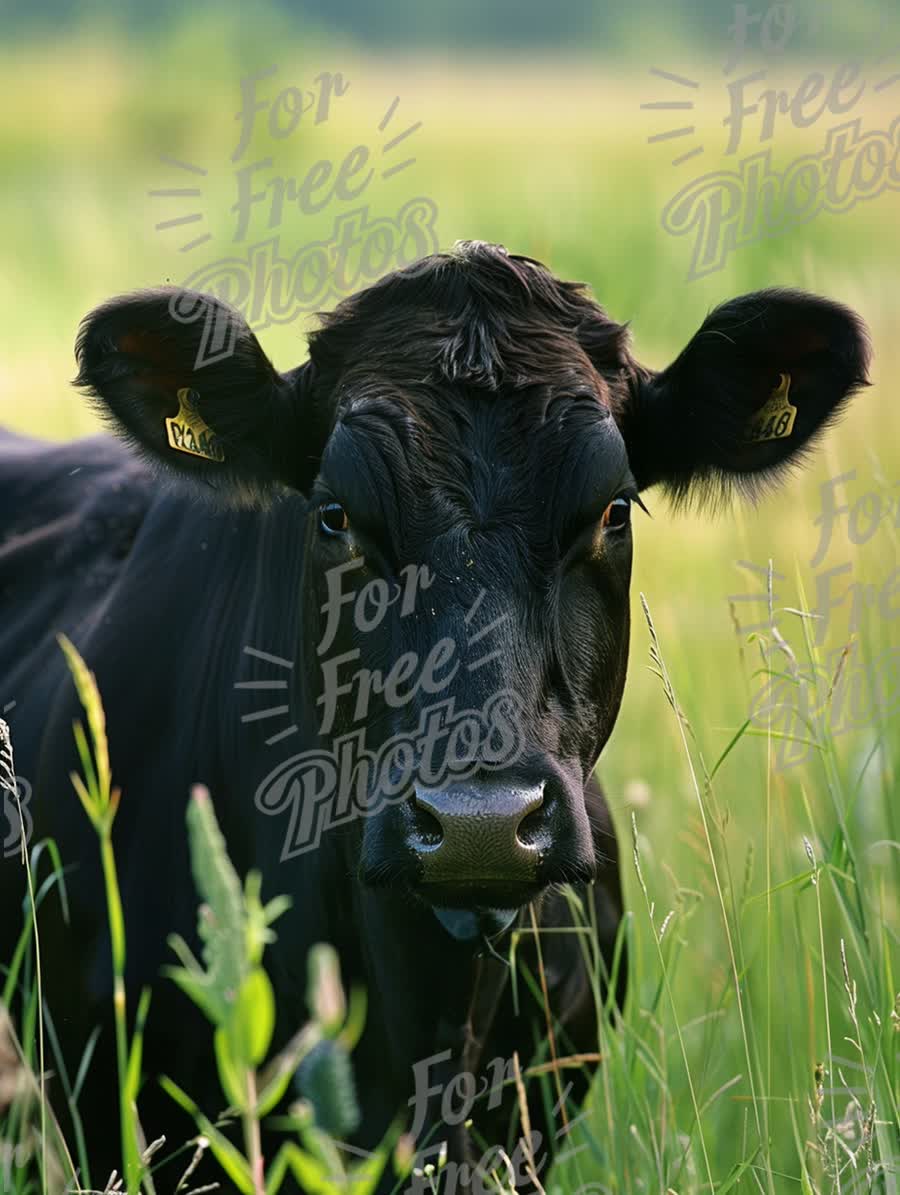 Close-Up of a Black Cow in a Lush Green Field - Farm Life and Agriculture