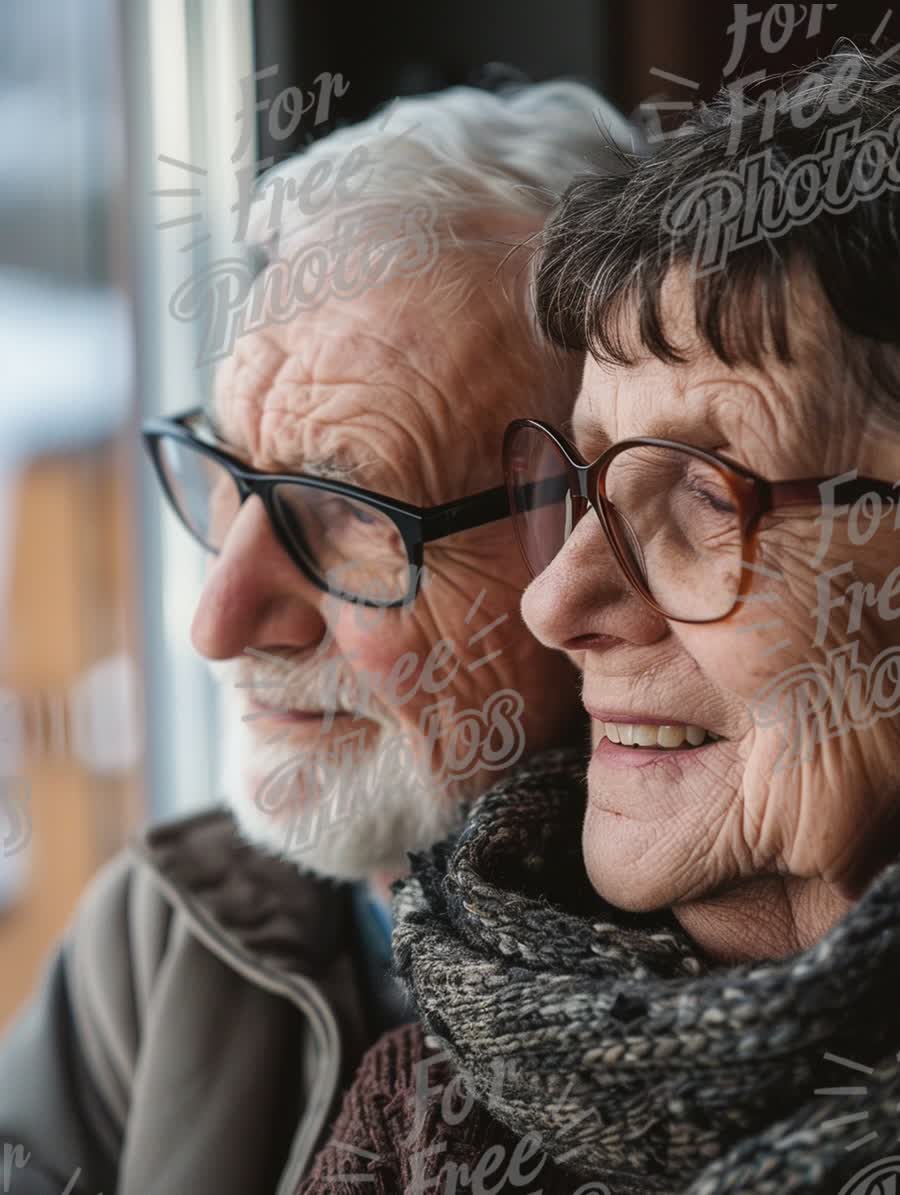 Joyful Senior Couple Embracing Togetherness by the Window