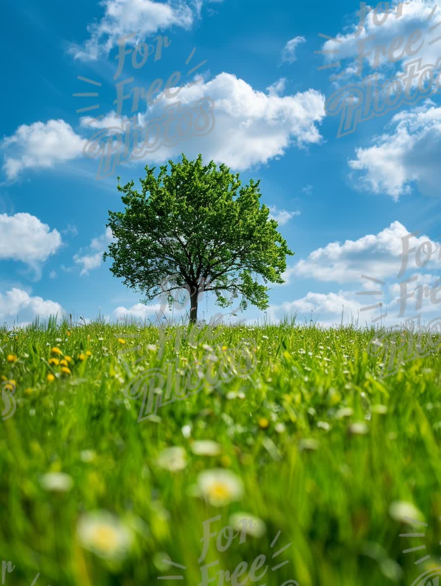 Vibrant Green Tree on Lush Meadow Under Bright Blue Sky