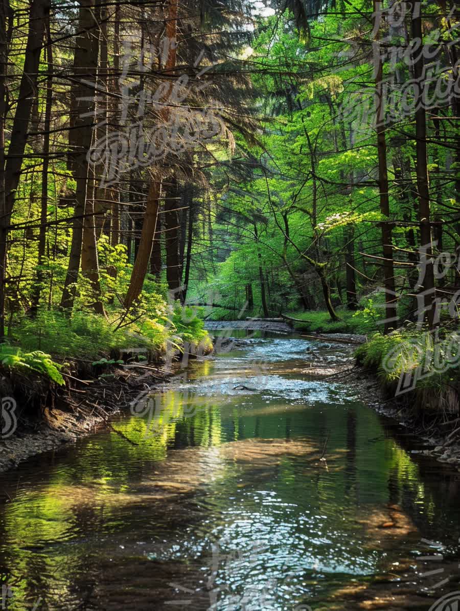 Tranquil Forest Stream: Serene Nature Reflection in Lush Greenery