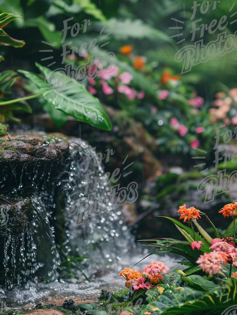 Serene Waterfall in Lush Tropical Garden with Vibrant Flowers and Rain