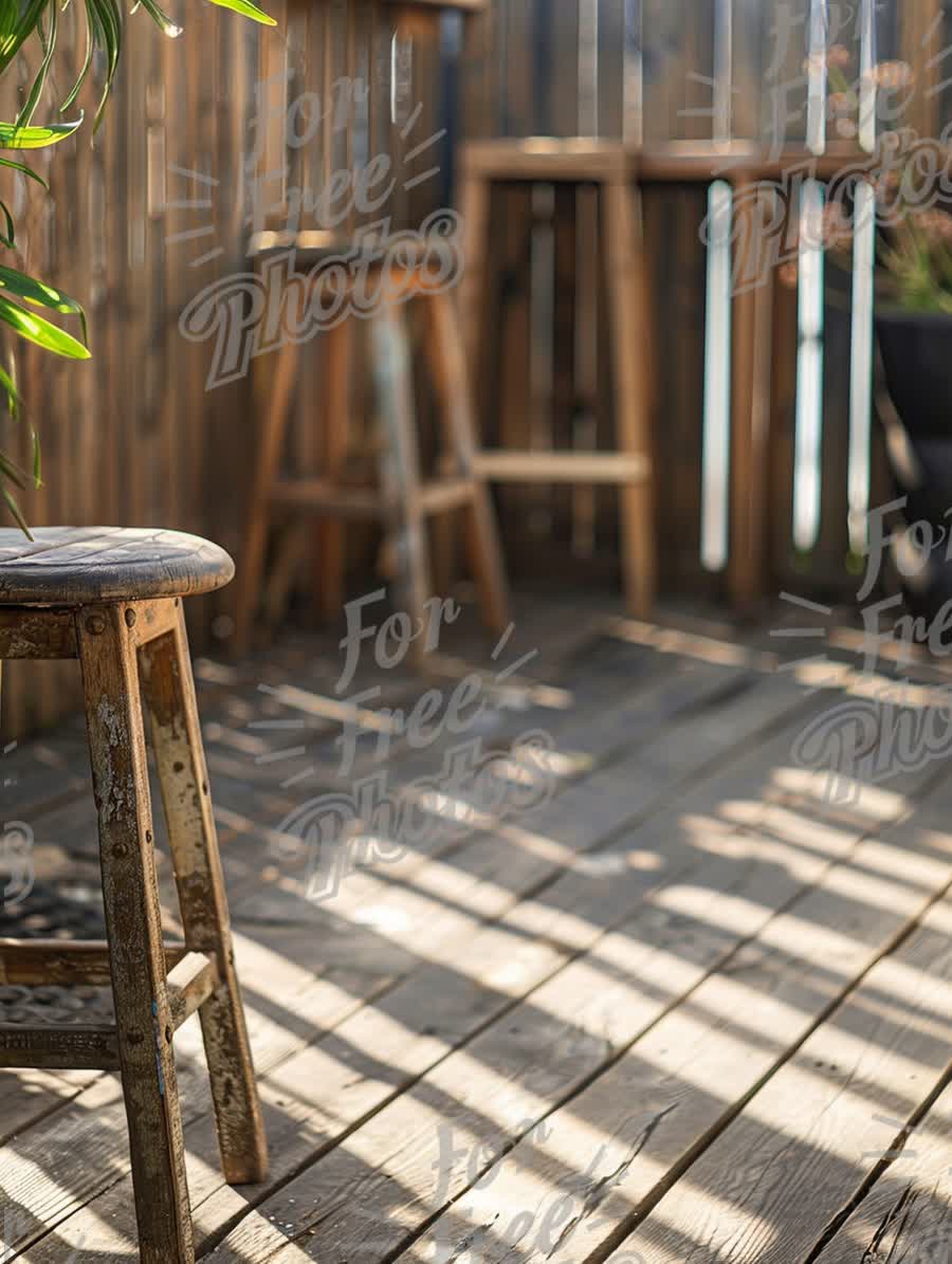 Cozy Outdoor Patio with Rustic Wooden Stools and Natural Light