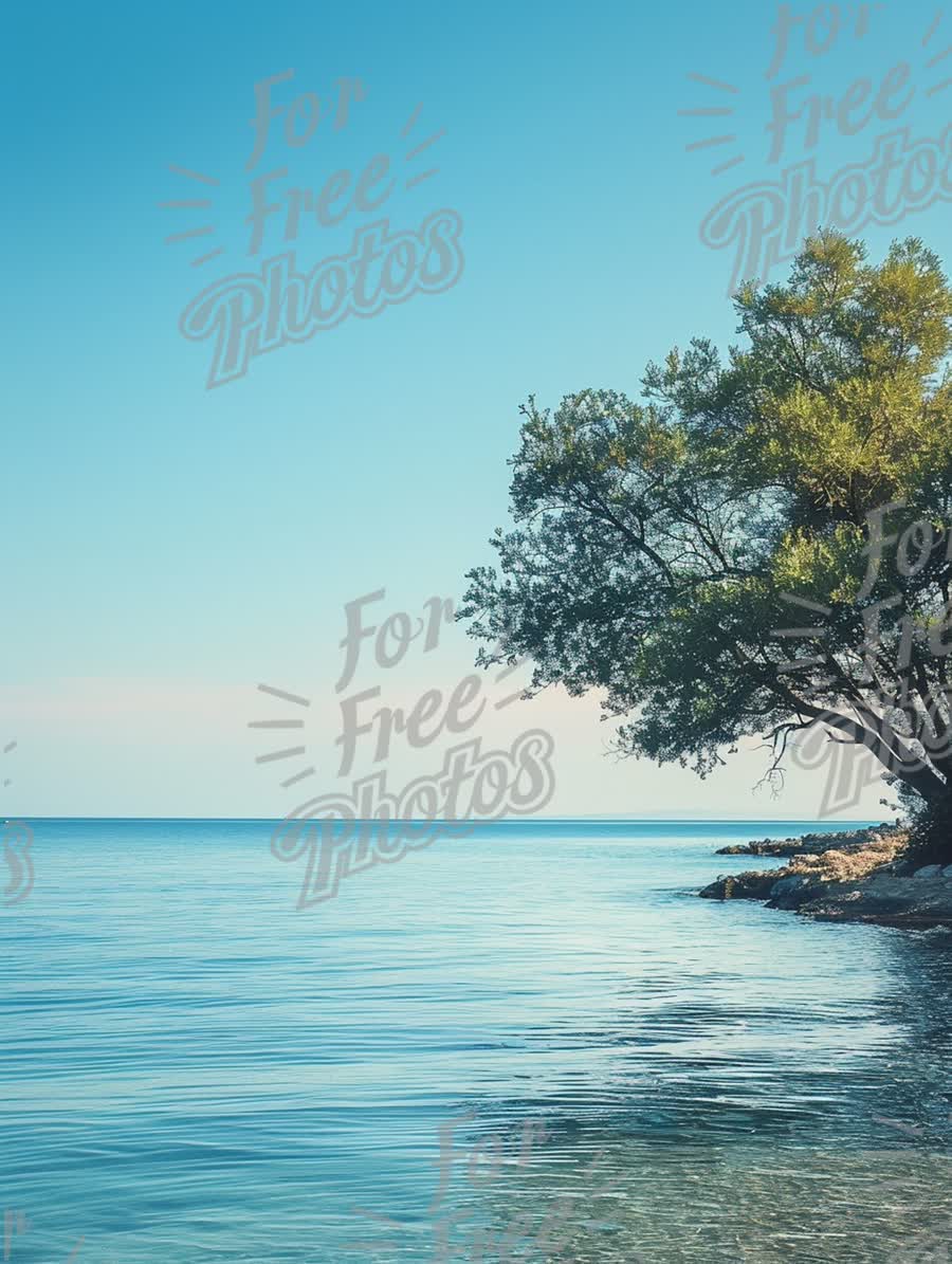 Tranquil Seascape with Lush Tree by the Shoreline