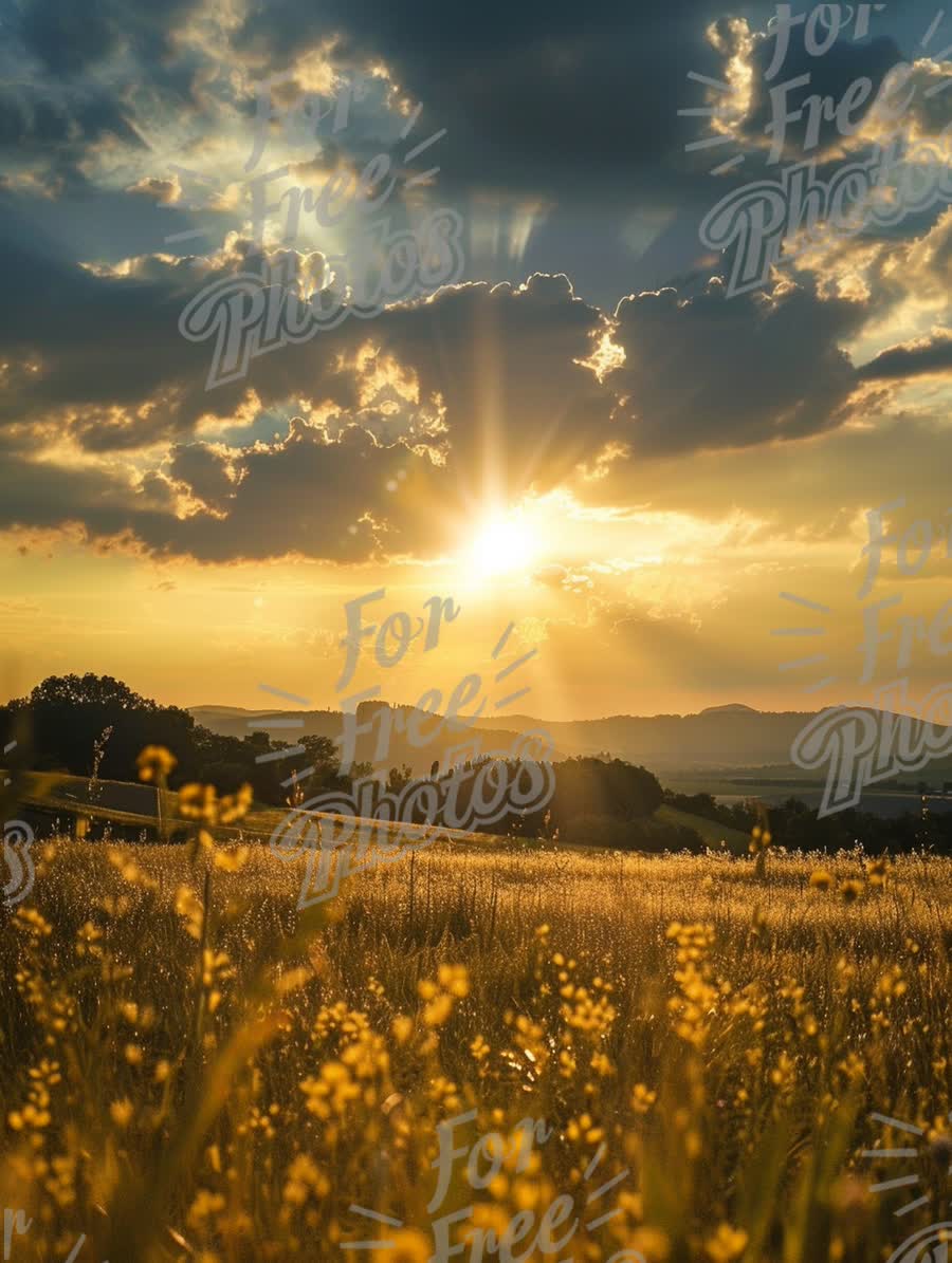 Golden Sunset Over Blooming Fields: Nature's Serenity and Beauty