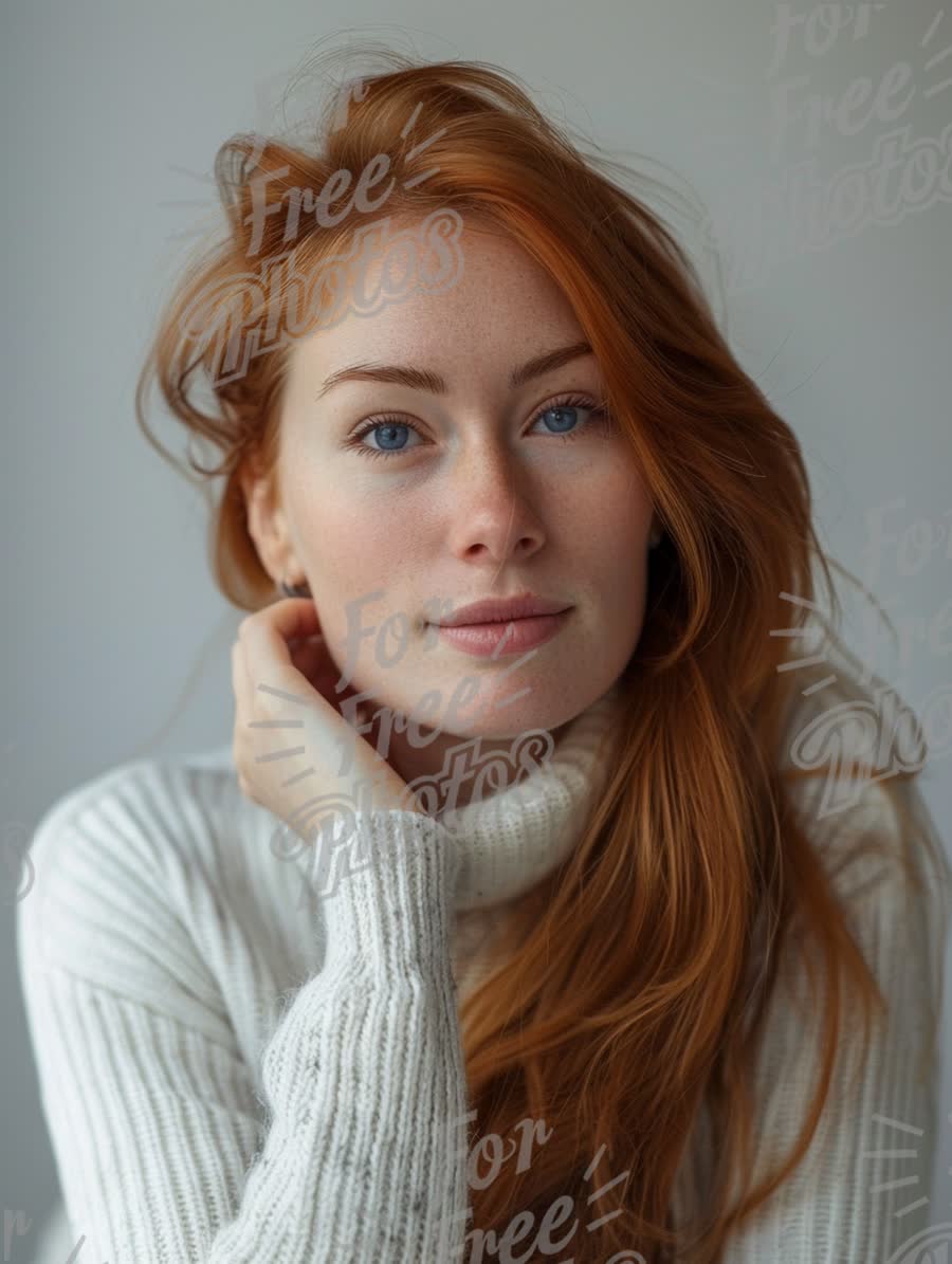 Natural Beauty Portrait of a Redhead Woman with Blue Eyes in Cozy Sweater