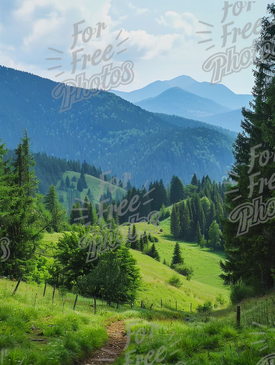 Serene Mountain Landscape with Lush Green Hills and Pine Forests