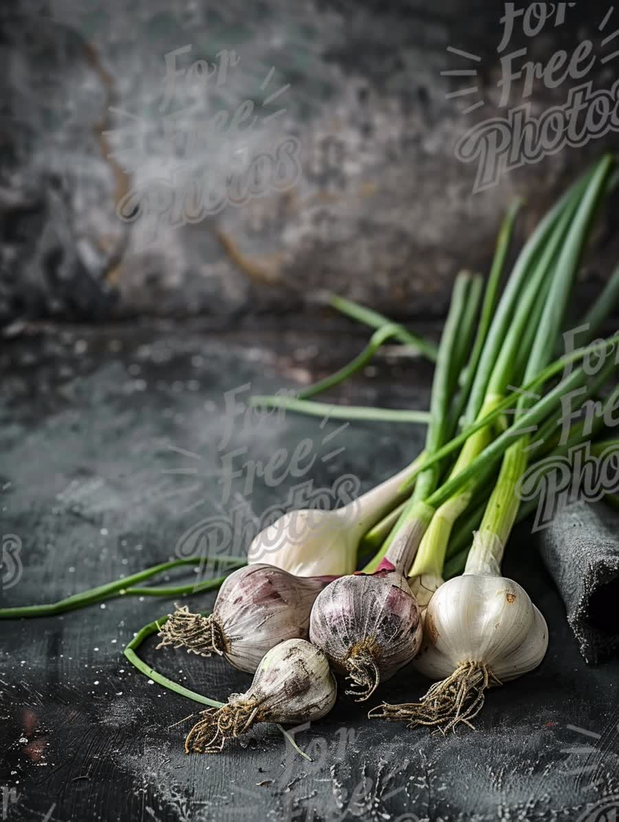 Fresh Garlic and Green Onions on Rustic Background - Culinary Ingredients for Healthy Cooking