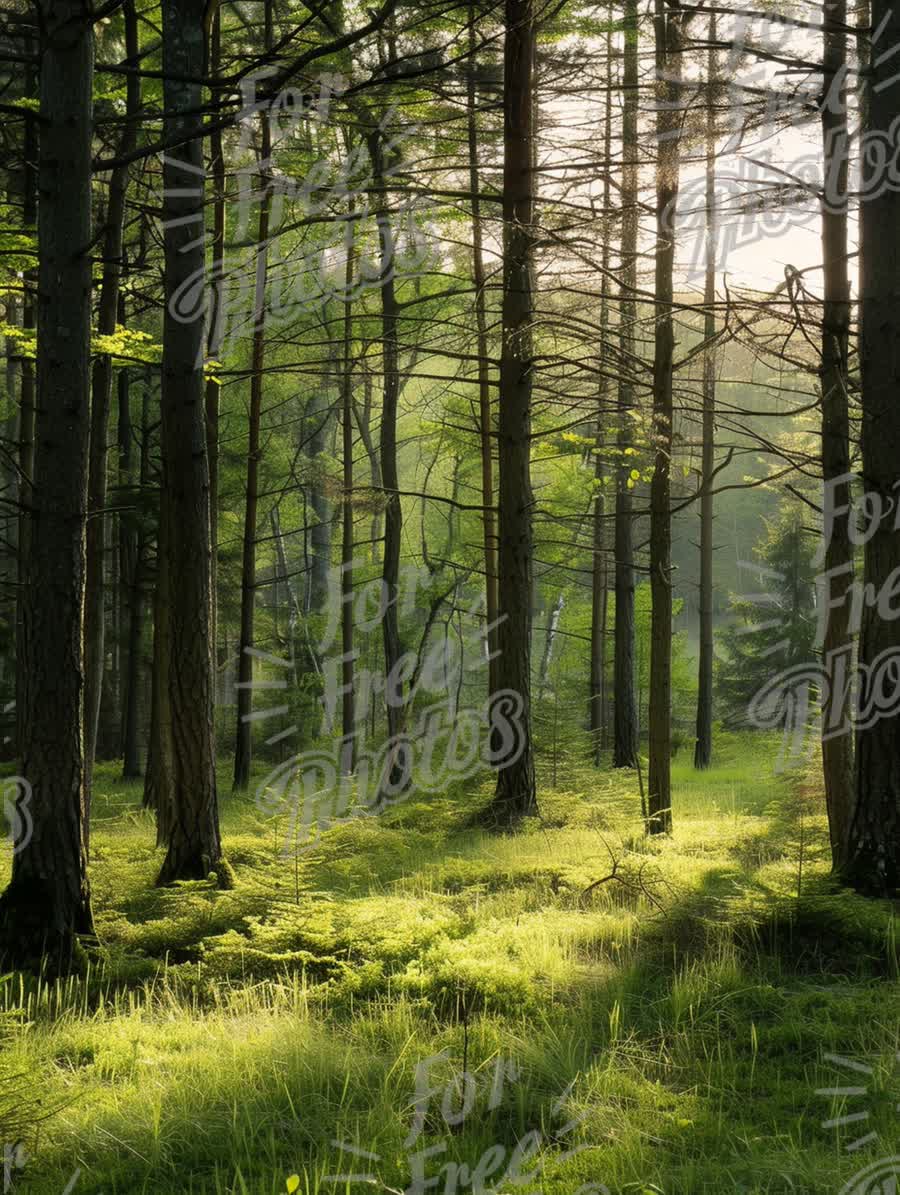 Serene Forest Landscape with Sunlight Filtering Through Trees