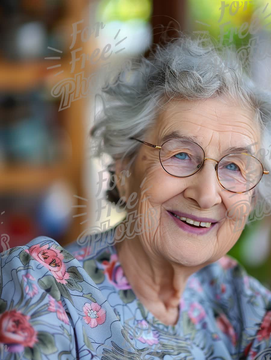 Joyful Senior Woman with Gray Hair and Glasses Smiling in a Cozy Setting