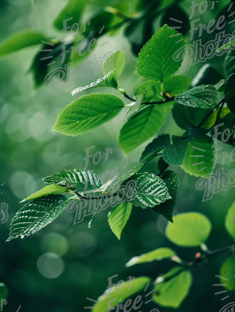 Fresh Green Leaves with Dew Drops in Lush Nature Background