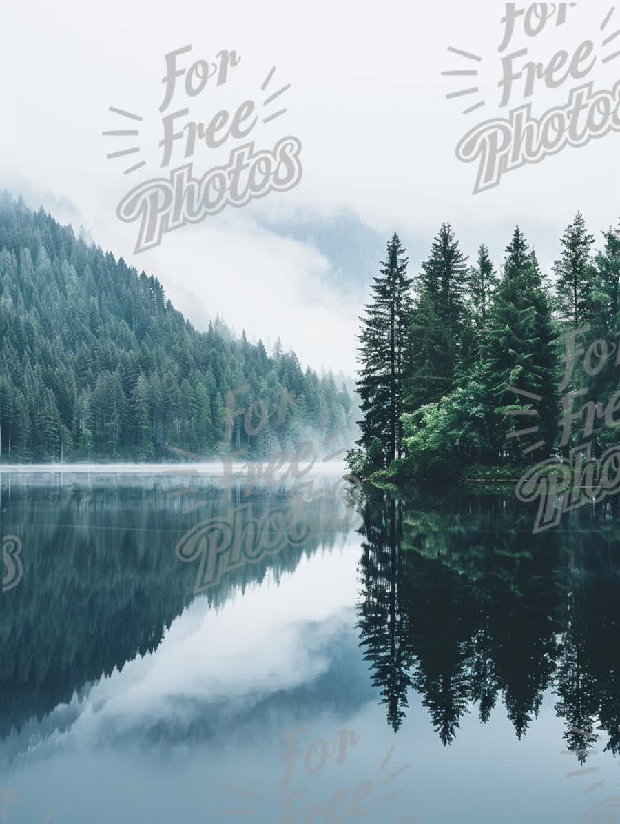 Tranquil Misty Lake with Reflections of Pine Trees in Serene Nature