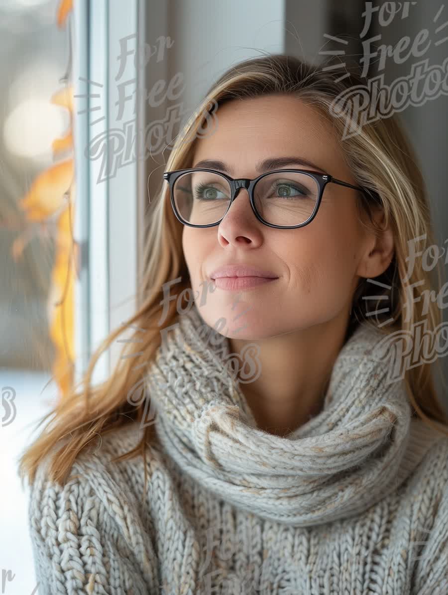 Cozy Autumn Vibes: Thoughtful Woman in Sweater and Glasses by Window