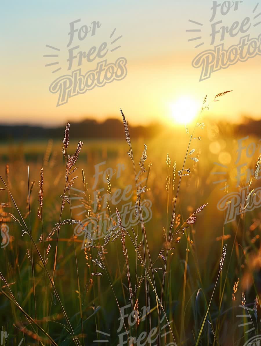 Golden Sunrise Over Serene Grassland: Nature's Tranquility and Beauty