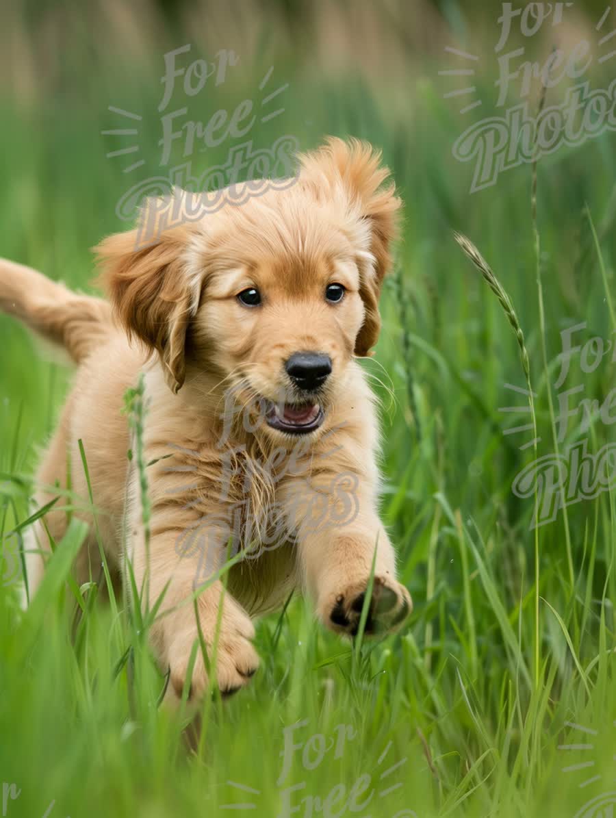 Playful Golden Retriever Puppy Running in Lush Green Grass