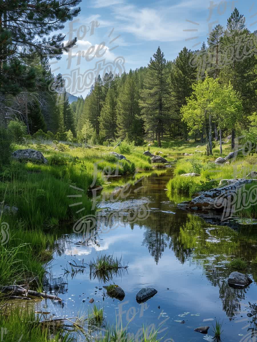 Tranquil Mountain Stream Surrounded by Lush Greenery and Reflections