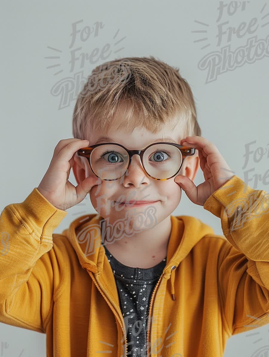 Cheerful Child with Glasses in Bright Yellow Hoodie - Playful Portrait for Kids' Fashion and Educati