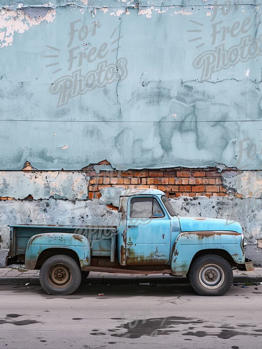 Rustic Vintage Blue Pickup Truck Against Weathered Wall