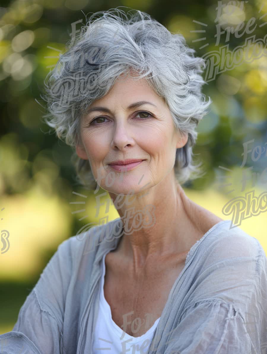 Elegant Senior Woman with Silver Hair in Natural Outdoor Setting