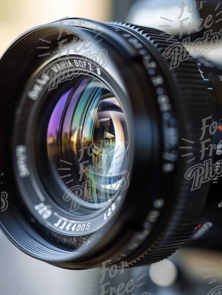 Close-Up of Professional Camera Lens with Reflections and Bokeh Effect