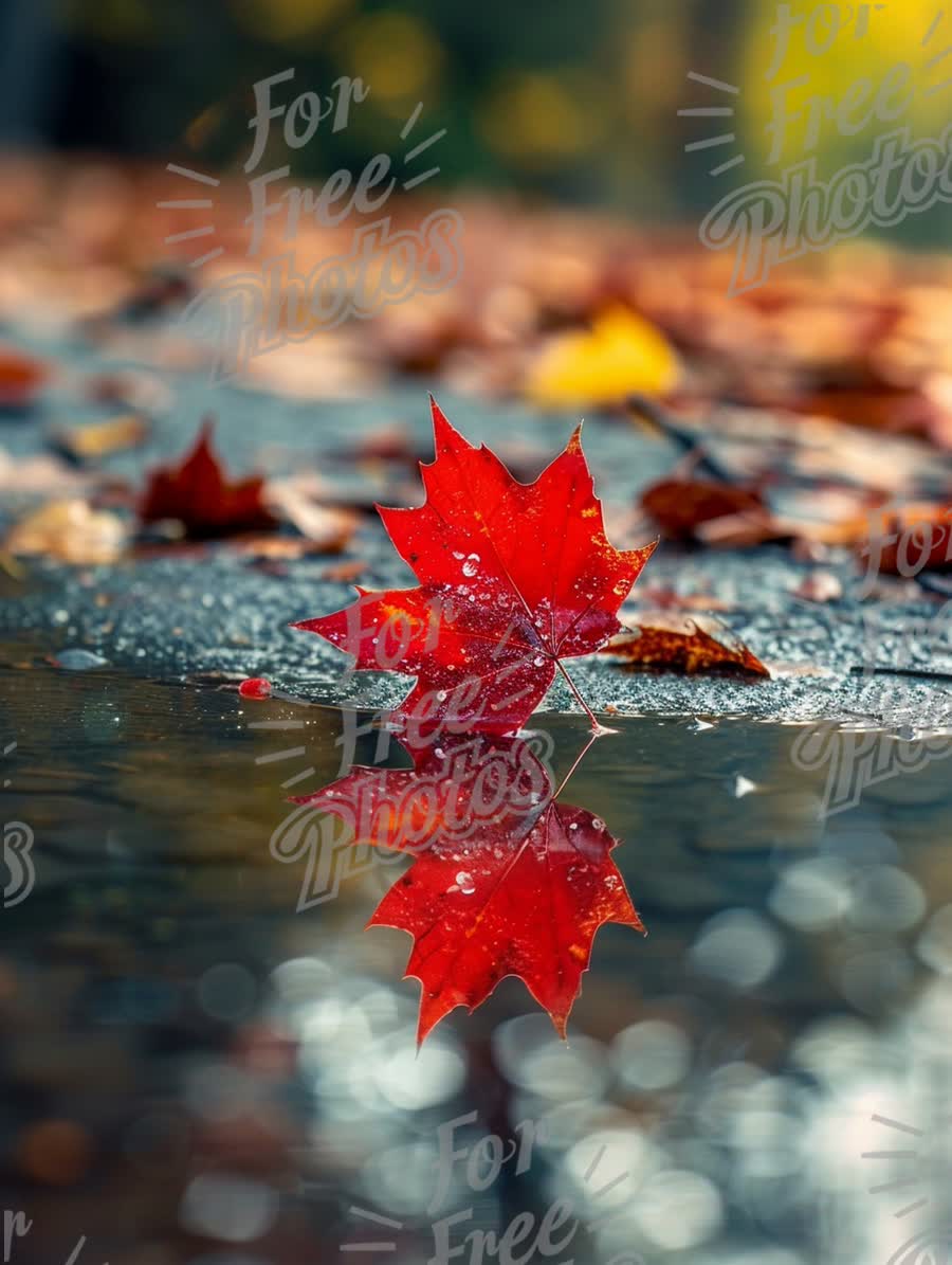 Vibrant Red Maple Leaf Reflected in Water with Autumn Foliage