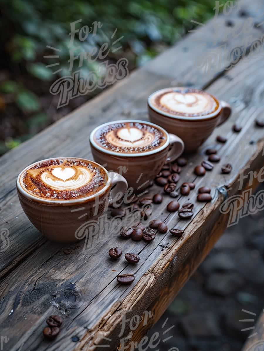 Artisan Coffee Cups with Heart Latte Art on Rustic Wooden Table