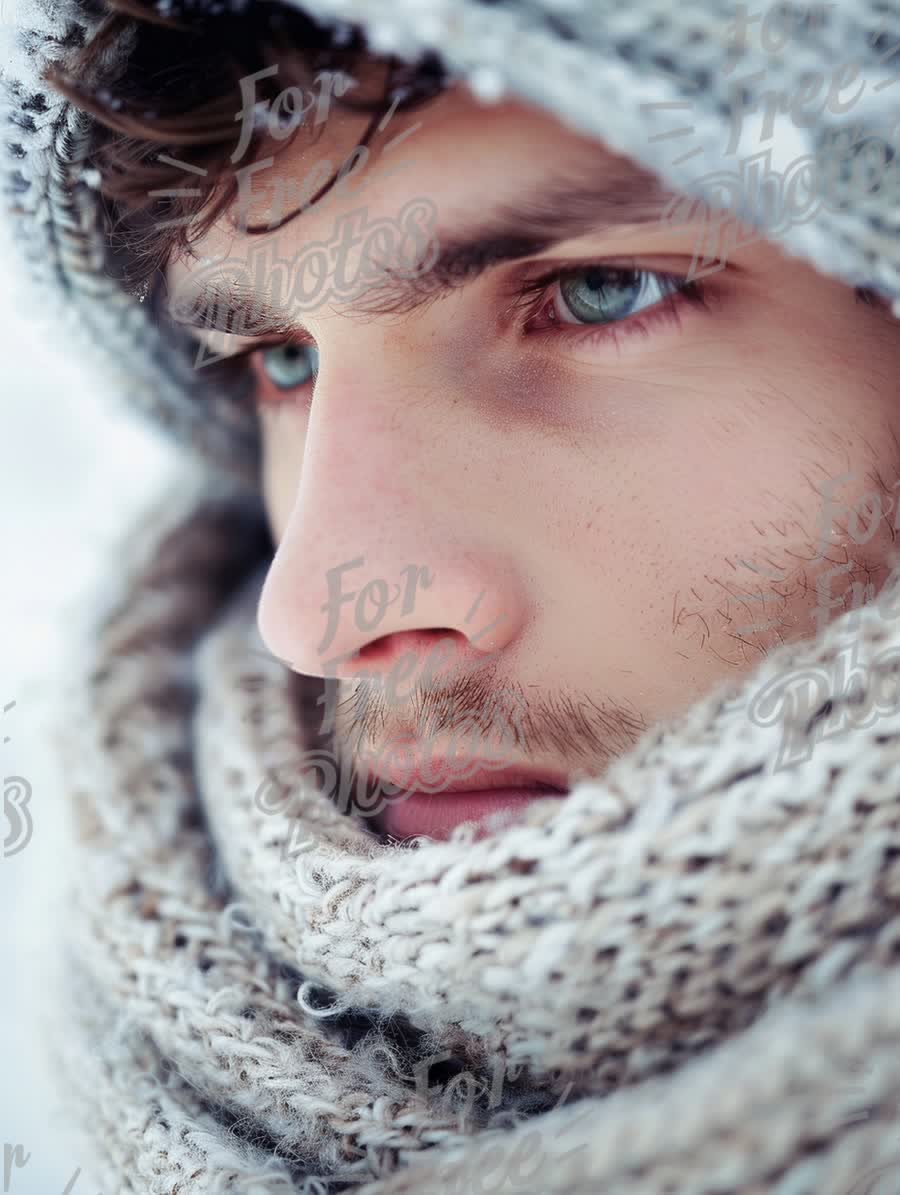 Close-Up of a Young Man in Winter Scarf with Snowy Background