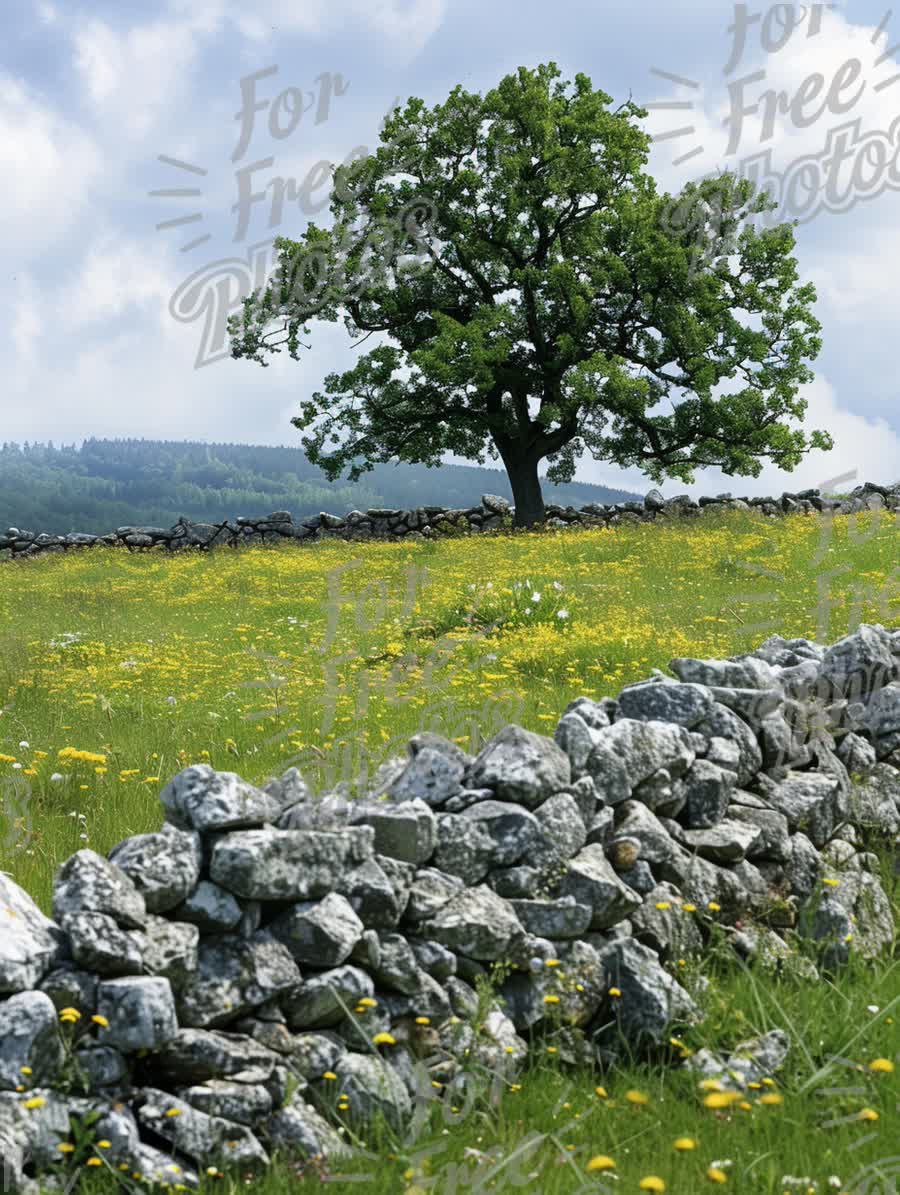 Serene Landscape with Isolated Tree and Stone Wall in Blooming Meadow