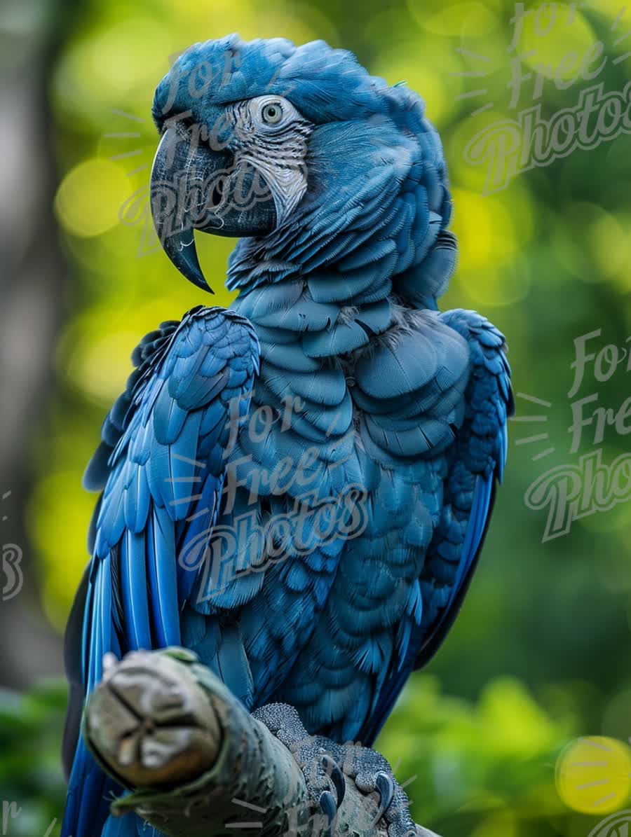 Vibrant Blue Macaw Perched on a Branch with Lush Green Background