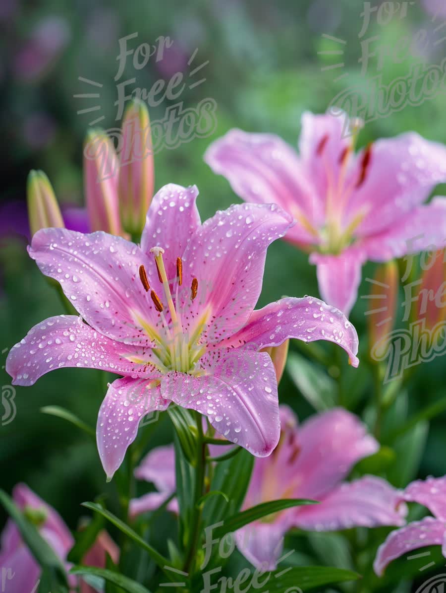 Beautiful Pink Lilies with Dew Drops in Lush Garden Setting