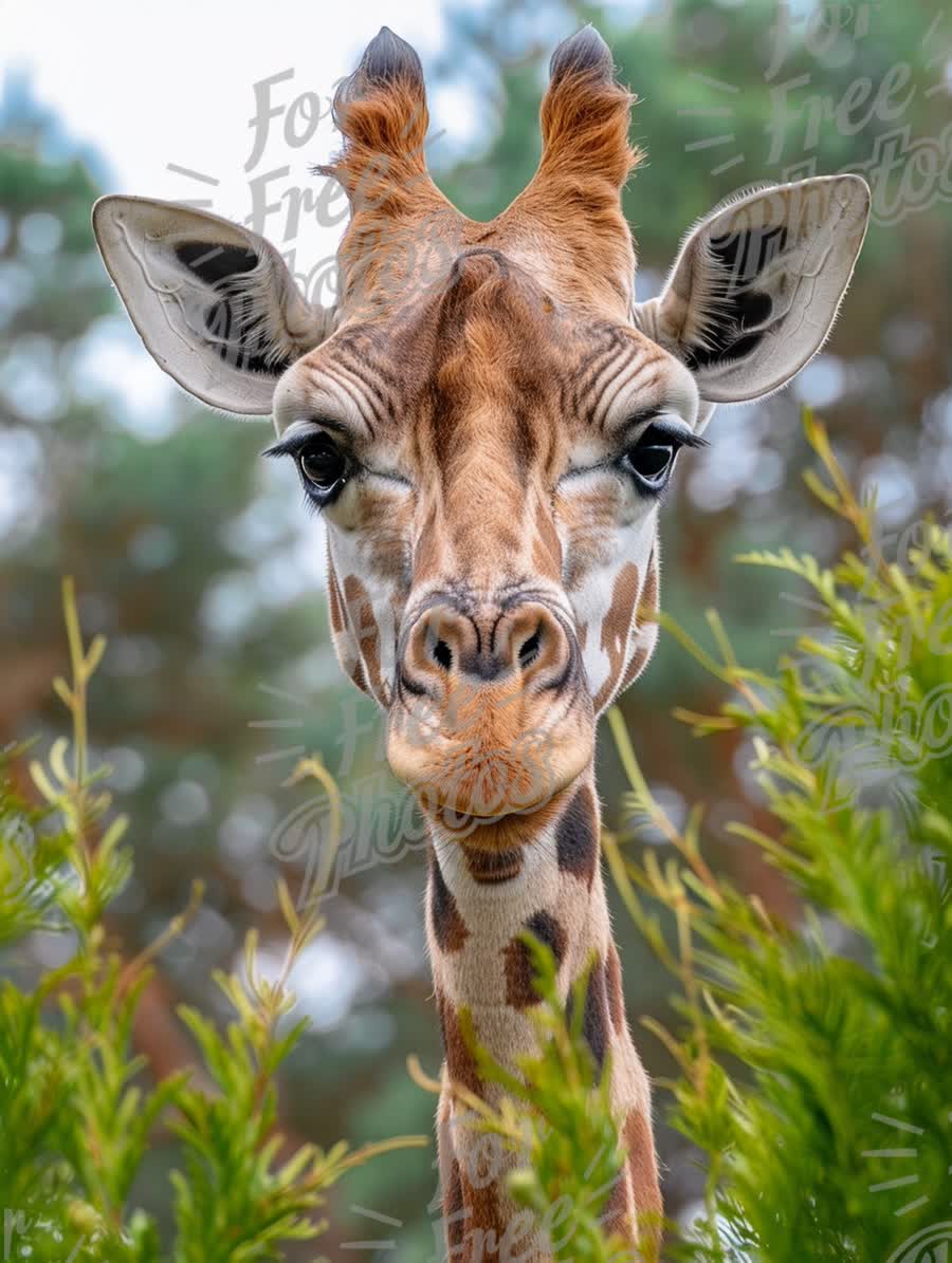 Majestic Giraffe Portrait Among Greenery - Wildlife Photography