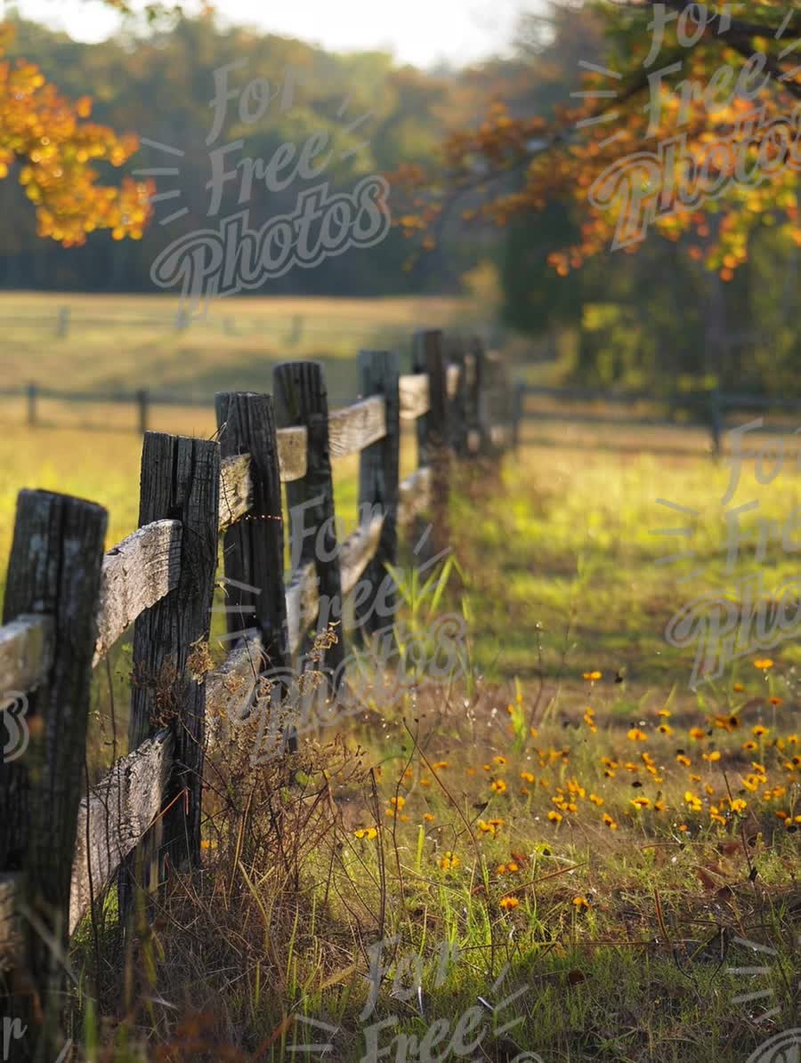 Serene Countryside Fence with Autumn Foliage and Wildflowers