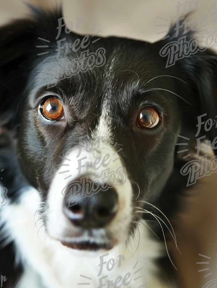 Close-Up of a Curious Black and White Dog with Expressive Eyes