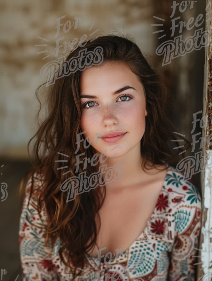 Natural Beauty Portrait of Young Woman with Wavy Hair in Rustic Setting