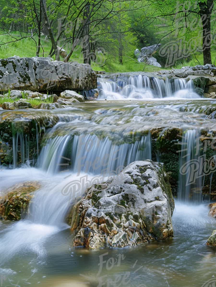 Tranquil Mountain Stream with Cascading Waterfalls in Lush Green Forest