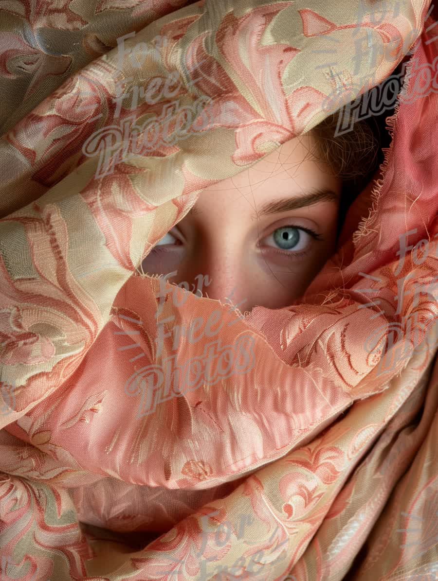 Intriguing Portrait of a Young Woman Wrapped in Elegant Fabric with Striking Blue Eyes