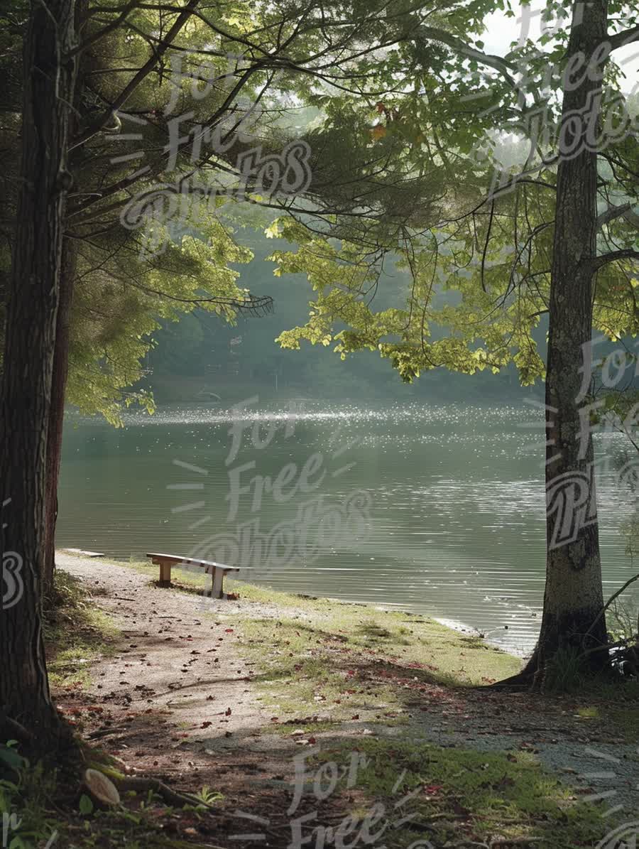 Tranquil Lakeside Retreat: Serene Nature Path with Bench Under Trees