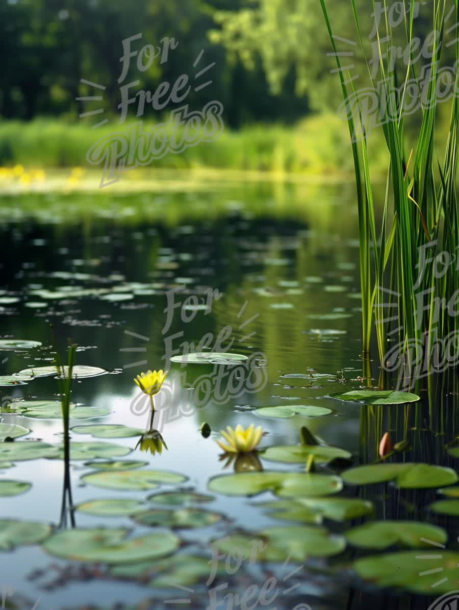 Serene Water Lily Pond with Reflections and Lush Greenery