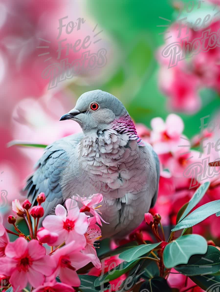 Colorful Pigeon Among Vibrant Pink Flowers: Nature's Beauty and Serenity