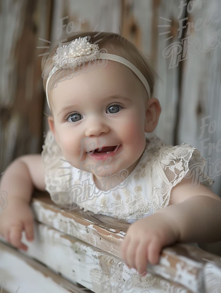 Adorable Baby Girl with Charming Smile and Elegant Headband in Rustic Setting