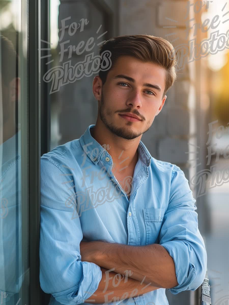 Confident Young Man in Casual Blue Shirt with Urban Background