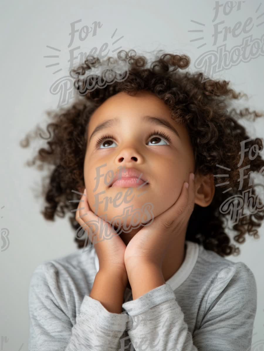 Thoughtful Child with Curly Hair Looking Upwards - Imagination and Wonder